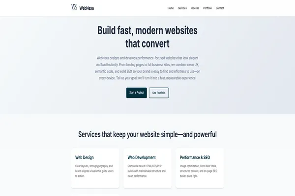 WebNexa - Professional web design agency website featuring modern portfolio layout and comprehensive service offerings